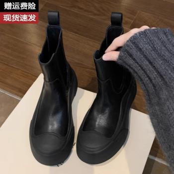 真皮加絨厚底切爾西短靴女秋冬新款百搭煙筒機車靴套筒瘦瘦馬丁靴