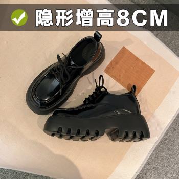 真皮內增高小個子黑色小皮鞋女英倫風秋冬厚底鬆糕通勤系帶單鞋子