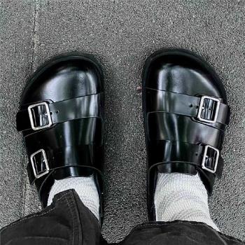 MONA同款鞋拖鞋女外穿2025懶人新款勃肯鞋厚底包頭真皮簡約牛皮鞋