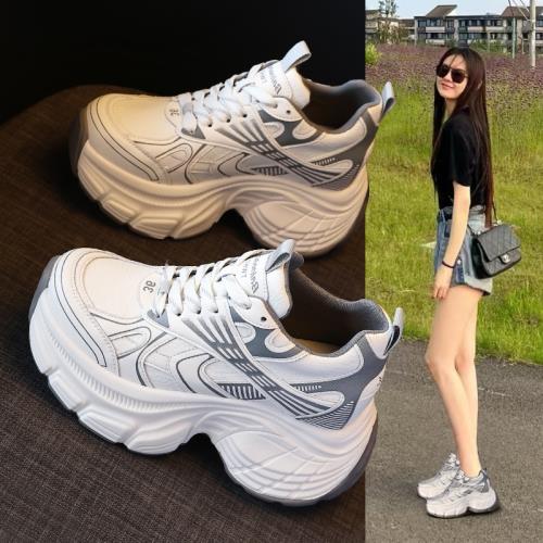 內增高老爹鞋女2024冬季新款加絨真皮百搭厚底小個子輕便運動鞋