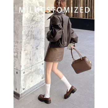 真皮小金幣復古英倫風小皮鞋女2024秋冬新款粗跟厚底一腳蹬樂福鞋