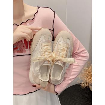 芭蕾風德訓鞋女2025年夏季新款綢緞系帶軟底阿甘鞋運動休閑鞋百搭