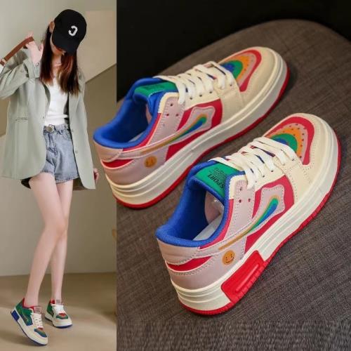 舒適休閑彩虹拼色小白鞋女2026年新款鴛鴦高幫板鞋真皮爆款網紅春