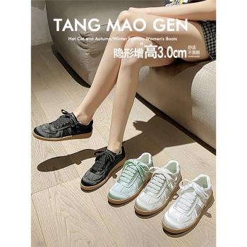 羊皮版！復古綢緞德訓鞋女圓頭系帶單鞋休閑板鞋運動平底小白鞋子