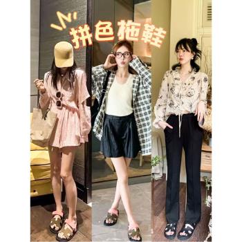 真皮二舅h拖鞋女夏季一字帶鬆糕厚底時尚外穿休閑平底魔術貼涼拖
