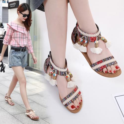 民族風平底涼鞋女大碼41海邊度假三亞泰國沙灘鞋網紅后拉鏈羅馬鞋