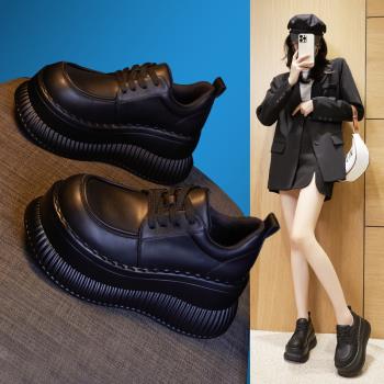 內增高小皮鞋女2025春季新款百搭鬆糕厚底真皮英倫風樂福系帶單鞋