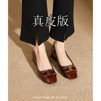 【黎莎】羊皮版方頭粗跟紅色高跟鞋復古法式淺口氣質絕美漆皮單鞋