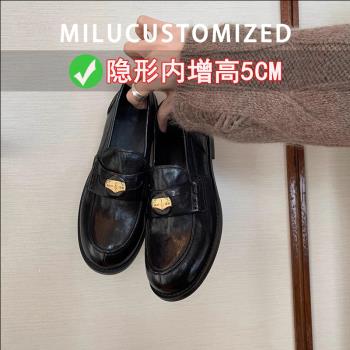 羊皮版真皮內增高金幣樂福鞋女一腳蹬豆豆鞋粗跟單鞋英倫風小皮鞋