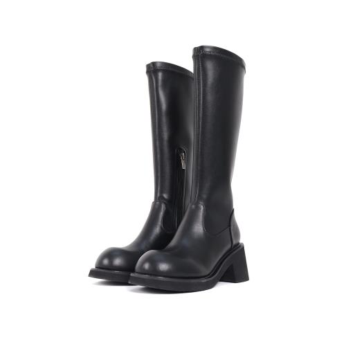 asthershop原創簡約彈力皮黑色高筒靴長筒靴子穿搭秋季靴子女秋冬