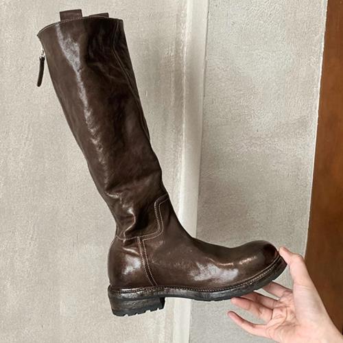 意大利水洗純手工女鞋馬皮圓頭粗跟低跟騎士靴棕色長靴高筒靴大碼