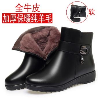 真皮媽媽棉鞋加絨加厚短靴女冬防滑靴子羊毛皮鞋軟底中老年女鞋子