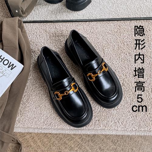 真皮內增高小個子樂福鞋秋冬黑色厚底一腳蹬小皮鞋通勤33小碼女鞋