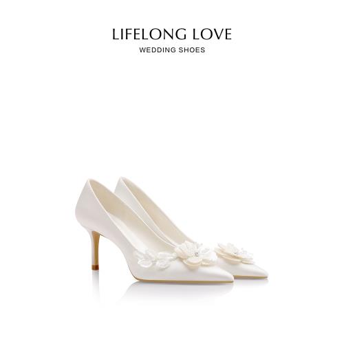 LIFELONGLOVE訂婚鞋女白色主婚紗新娘鞋水鉆尖頭細跟綢緞高跟單鞋