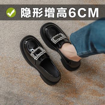 真皮內增高小個子水鉆扣樂福鞋女厚底粗跟單鞋秋冬黑色英倫小皮鞋