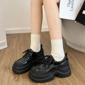厚底小皮鞋女2023春季新款百搭內增高系帶英倫風圓頭真皮樂福單鞋