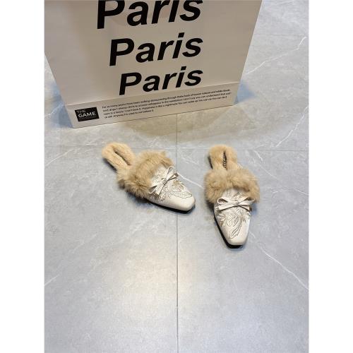 2025秋冬新款中式兔毛懶人棉拖鞋舒適一腳蹬加絨穆勒鞋大碼毛毛鞋