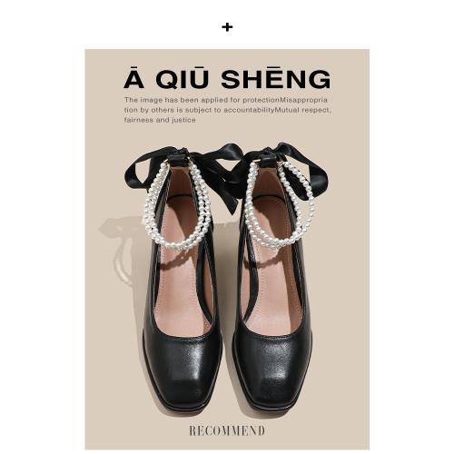 2025年法式新款氣質珍珠瑪麗珍鞋女蝴蝶結仙女風一字帶顯瘦高跟女