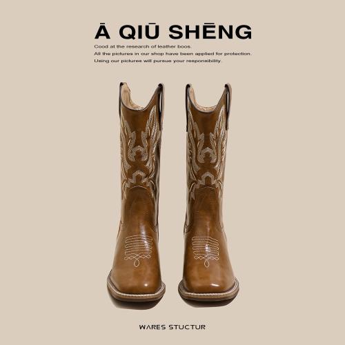 真皮刺繡西部牛仔靴2026新款復古V口顯瘦馬丁靴方頭厚底粗跟靴子