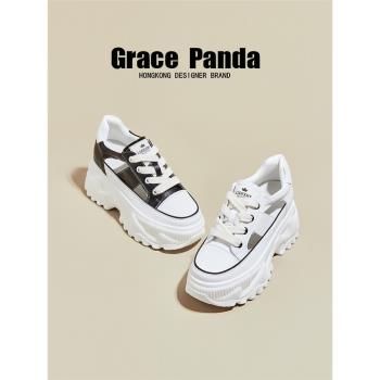 香港GRACEPANDA2023夏新款真皮透氣鏤空運動厚底內增高包頭涼鞋女