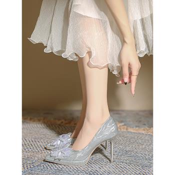 婚鞋女2024春秋季新款防水臺高跟鞋蝴蝶結水晶鞋尖頭法式氣質單鞋
