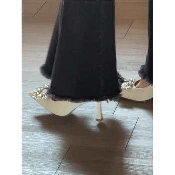 法式氣質尖頭細跟高跟鞋女秋冬新娘婚鞋水鉆方扣小眾款設計感單鞋