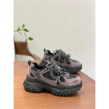 復古厚底網面老爹鞋女2025春秋新款百搭真皮輕便顯腳小休閑運動鞋