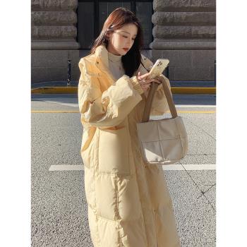 奶黃色過膝棉服女冬季中長款2024新款韓系溫柔風加厚羽絨棉服外套