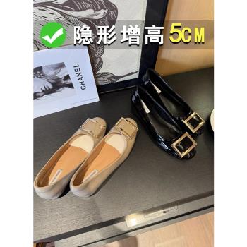 羊皮版~法式氣質經典方扣漆皮單鞋女5cm小個子內增高大象灰奶奶鞋