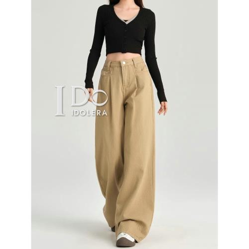 IDOLERA卡其色牛仔闊腿褲女夏季2024新款美式高腰顯瘦拖地直筒褲