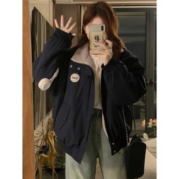 美式復古羊羔毛外套女冬季2024年新款學生加厚加絨工裝棒球服棉衣