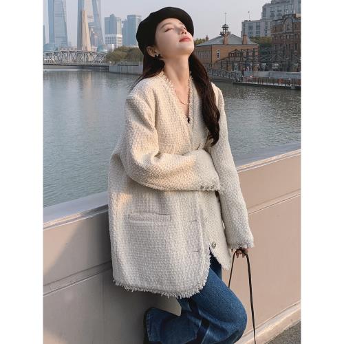 米白色氣質名媛小香風外套女春秋韓版寬松2026新款高級感短款上衣