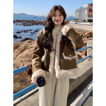 美拉德復古皮毛一體環保皮草外套女2024年冬季新款小個子加厚棉服