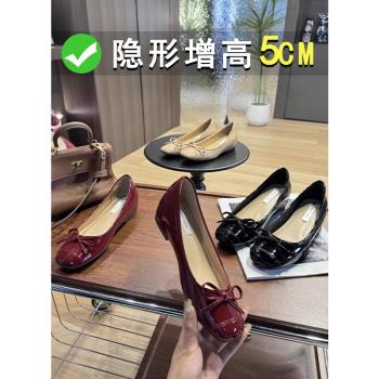 羊皮版~5cm小個子內增高法式漆皮蝴蝶結芭蕾舞鞋女配裙子方頭單鞋