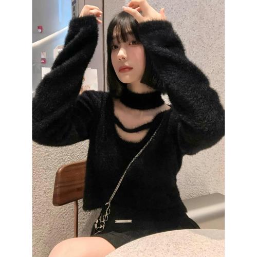 馬海毛v領短款仿貂絨設計感掛脖