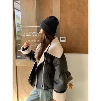黑色短款大翻領羽絨服女冬2024新款小個子設計感小眾90白鴨絨外套