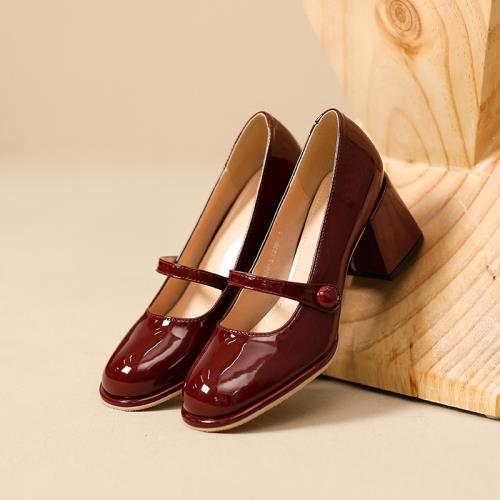 復古瑪麗珍紅色小皮鞋高跟配敬酒服新娘婚鞋配旗袍淺口粗跟單鞋春