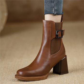 熊大叔手工女鞋7.3cm~新款羊皮真皮舒適粗跟扣帶松緊短靴高跟棕色