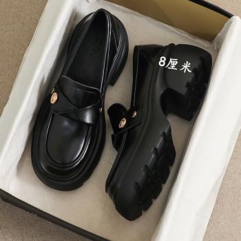 牛皮版~小皮鞋女高跟夏季英倫風日系小黑色工作厚底jk34碼樂福鞋