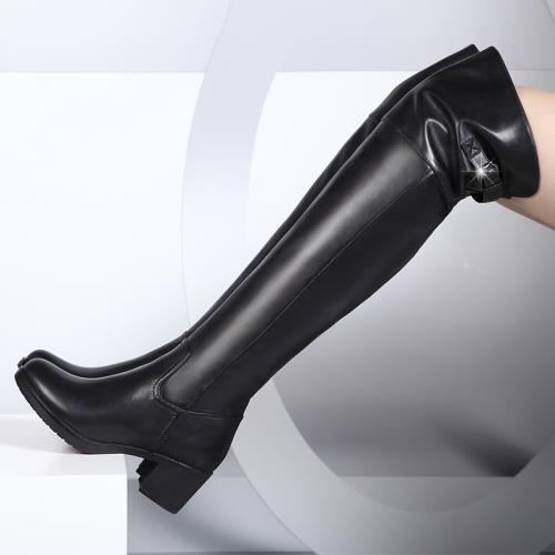 韓璐雪秋冬款真皮過膝長靴中跟全頭層牛皮高筒靴防滑粗跟女靴