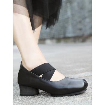網紅真皮淺口方頭粗跟單鞋2024新款春秋手工個性女鞋英倫風小皮鞋