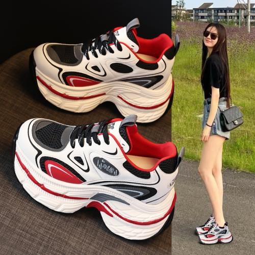 內增高老爹鞋女2024秋季新款真皮百搭松糕厚底顯腳小休閑運動鞋子