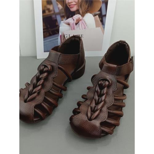 頭層牛皮軟底羅馬編織涼鞋女真皮軟底舒適復古休閑時尚豬籠鞋女潮