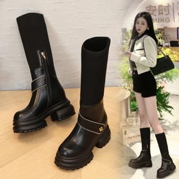 內增高長筒靴女2024秋冬季新款加絨真皮百搭厚底彈力不過膝襪子靴