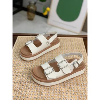 雙皮帶扣真皮羅馬涼鞋女ins潮2024夏季新款法式仙女風厚底沙灘鞋