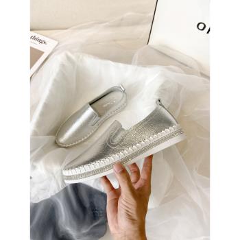 樂福鞋女夏銀色水鉆一腳蹬單鞋