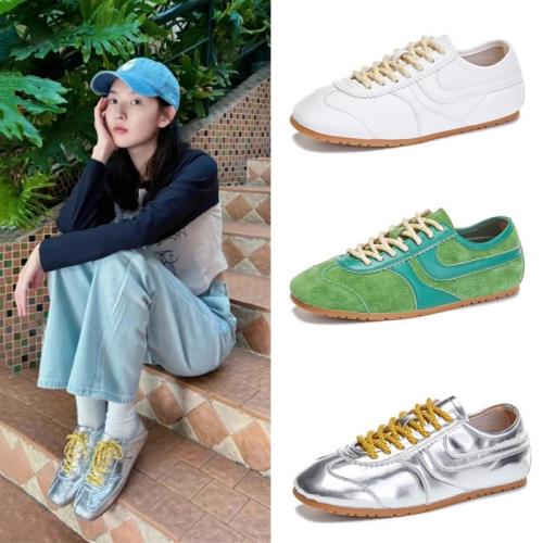 舍不得星星唐漾王玉雯同款銀色真皮阿甘鞋女系帶平底防滑運動板鞋