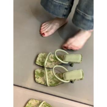 羊皮版！法式氣質小眾露趾方頭涼拖鞋女夏外穿一字細帶高跟鞋細跟