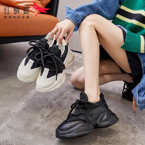 紅蜻蜓黑武士老爹鞋女2025春款厚底小個子8cm透氣運動休閑鞋百搭
