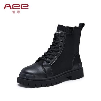 Aee秋季INS潮帥氣牛皮中跟機車靴